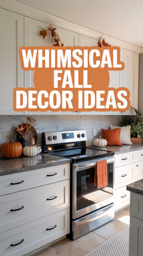 Fall kitchen island centerpiece with amber vases, mini pumpkins, and dried leaves

