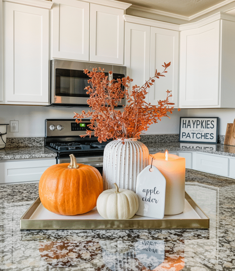 Fall kitchen decor with mini pumpkins, fall leaves, and cozy candle on a wooden tray