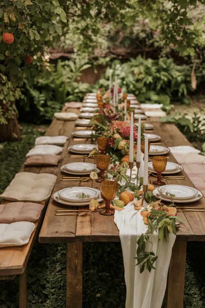 Thanksgiving table setting featuring natural wood, greenery, and warm lighting.

