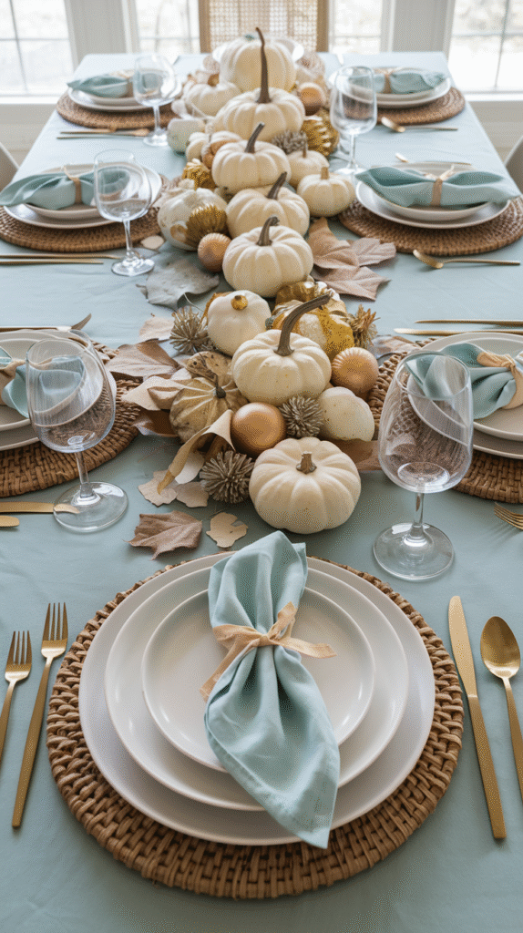 Neutral Thanksgiving table setting with soft whites and rustic wood elements.


