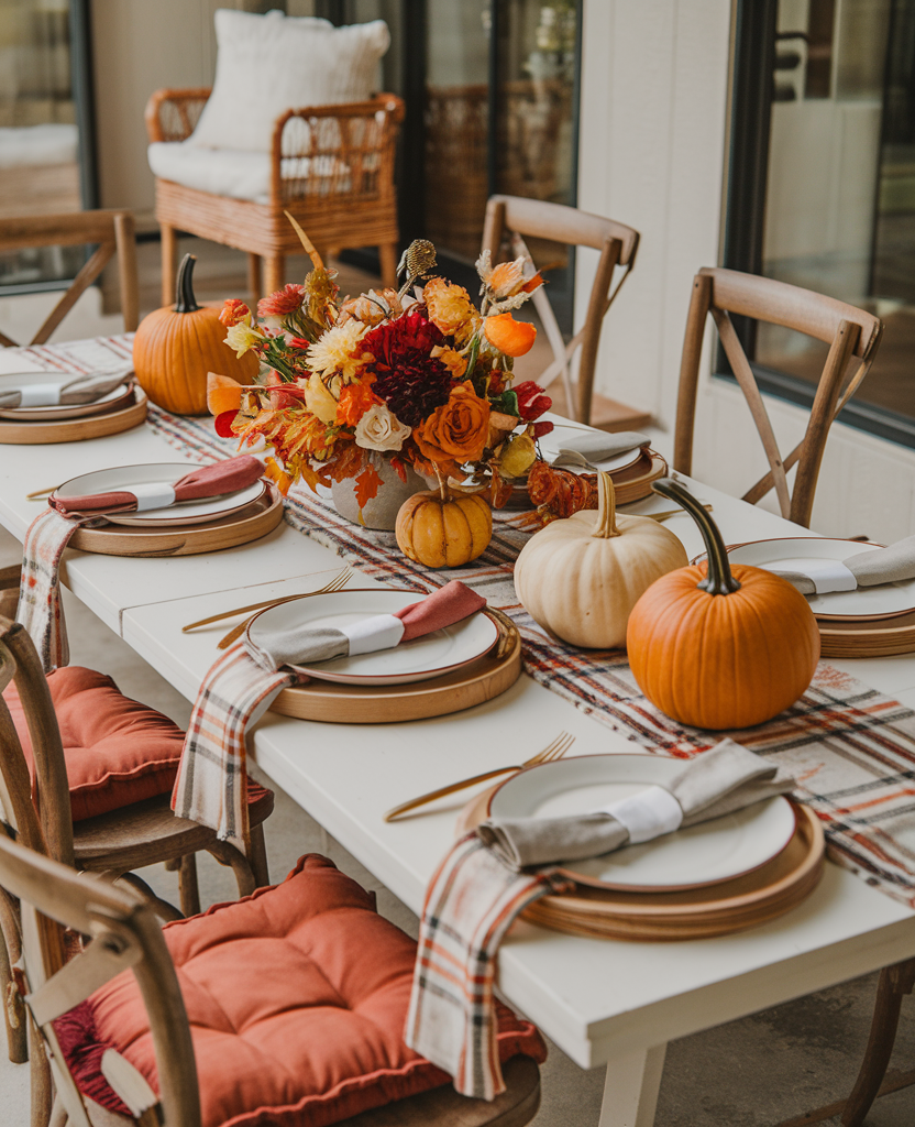 Seasonal Thanksgiving table setting with fresh flowers and cozy textures.

