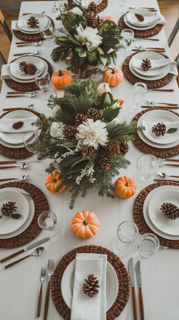 Thanksgiving table setting featuring handcrafted place cards and personalized details.

