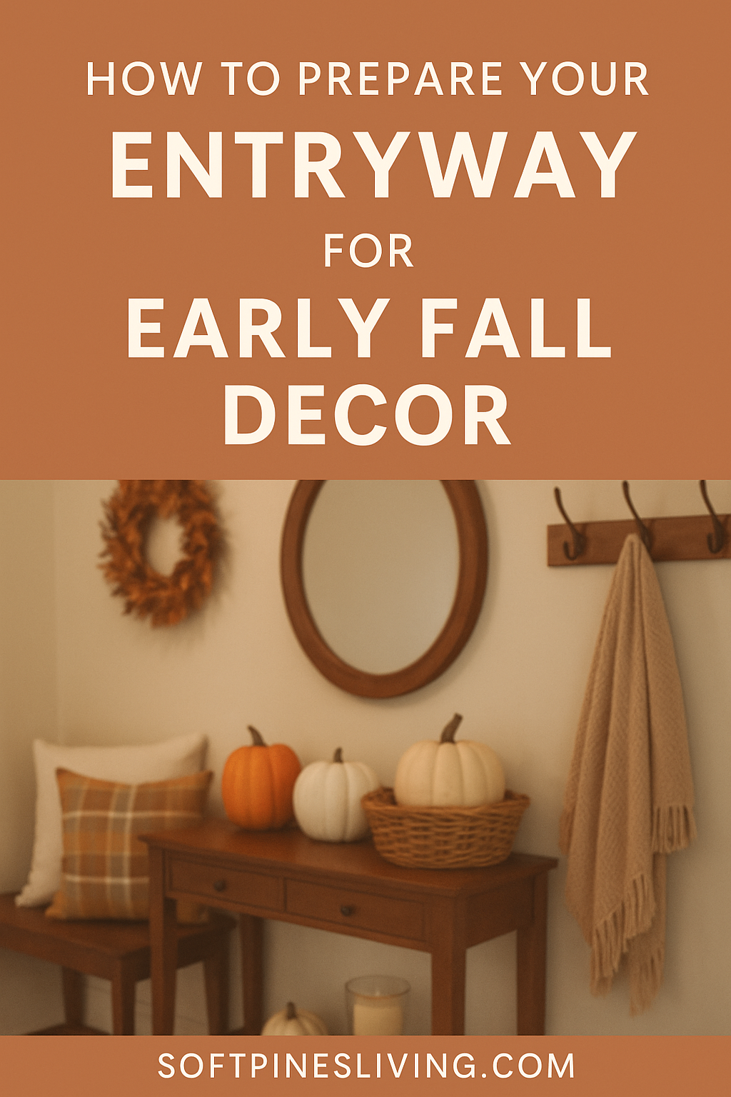 Cozy fall entryway with pumpkins, a wooden console table, plaid pillow, and a mirror, set against a warm terracotta background, with the text "How to Prepare Your Entryway for Early Fall Decor."