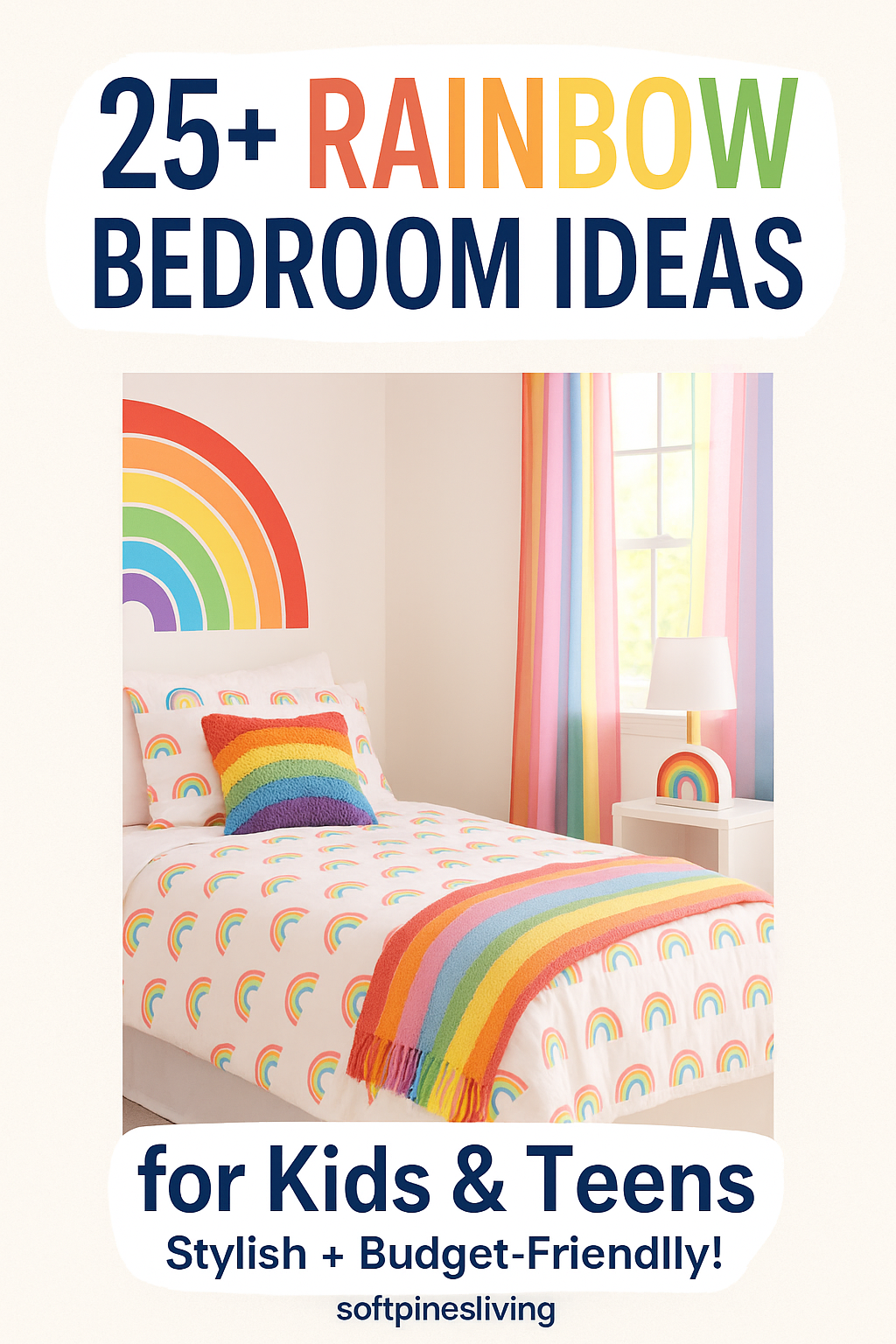 Pinterest graphic featuring a cheerful rainbow-themed bedroom with colorful bedding, a rainbow pillow, and matching curtains. The top text reads "25+ Rainbow Bedroom Ideas" in bold multicolor font, and the bottom text says "for Kids & Teens – Stylish + Budget-Friendly! softpinesliving."









