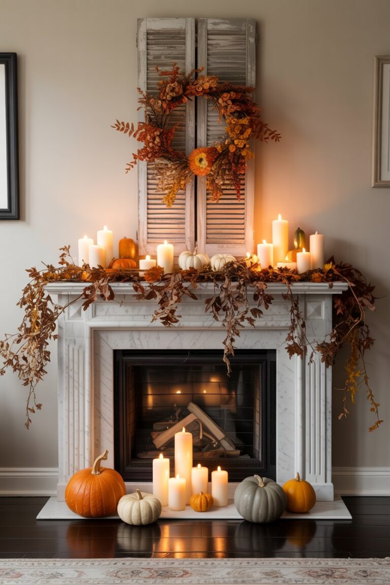 “Rustic fall mantel decor with pumpkins and wheat bundles”