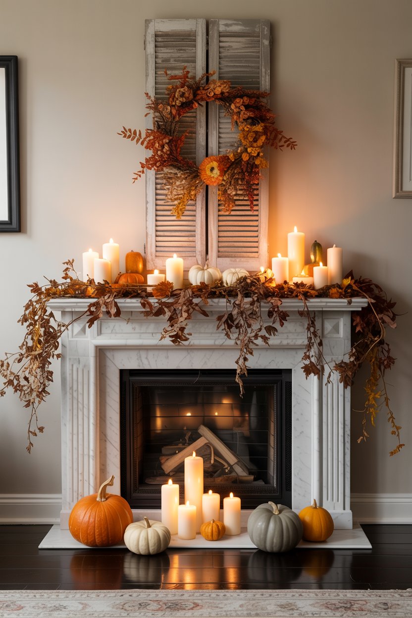 “Rustic fall mantel decor with pumpkins and wheat bundles”