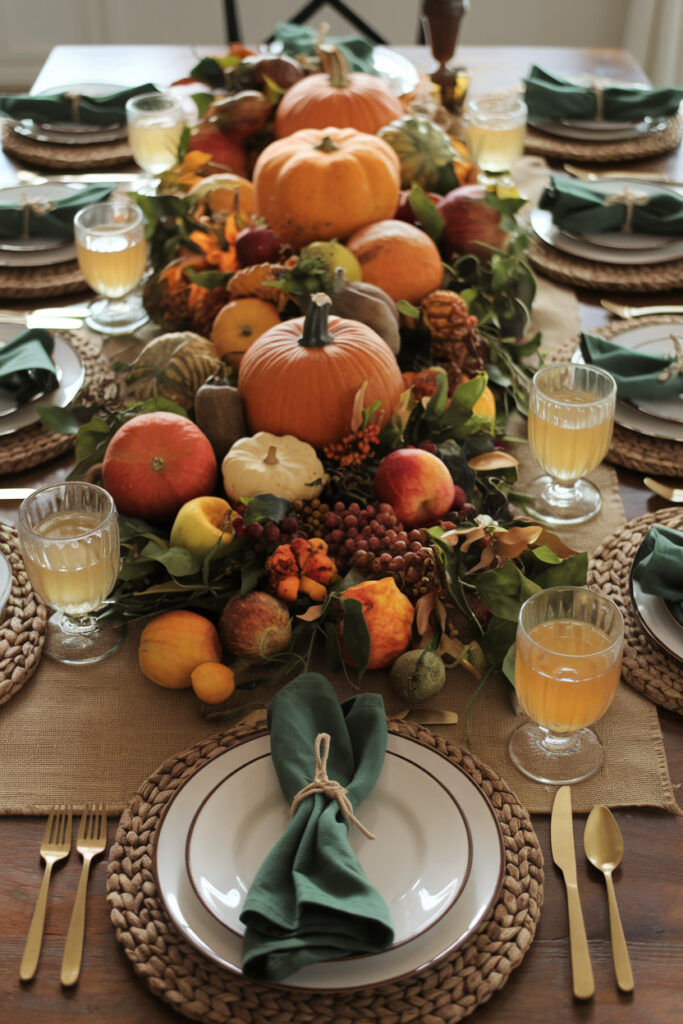 Thanksgiving table setting adorned with seasonal flowers and jewel-toned linens.

