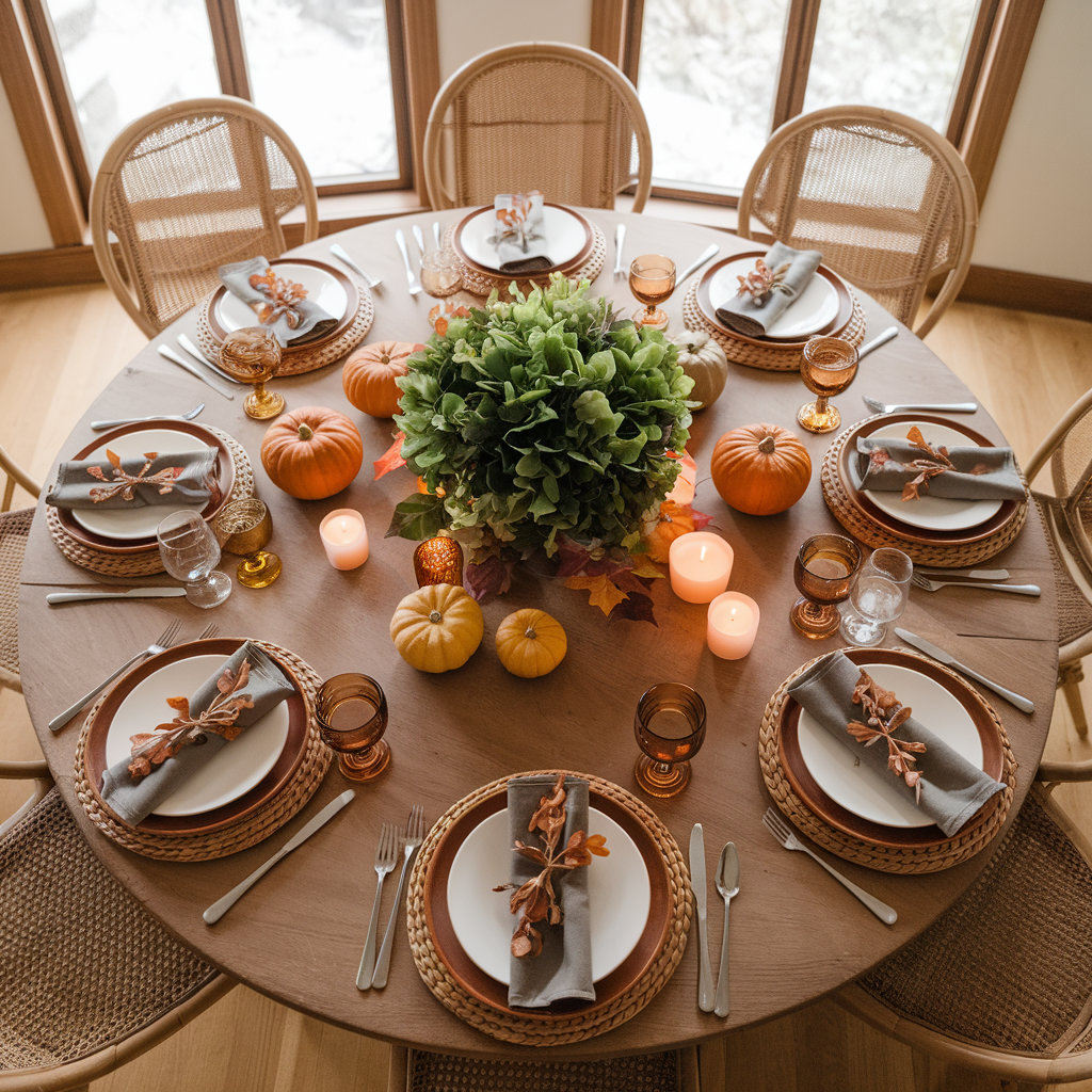 Elegant Thanksgiving table setting featuring crisp linens and a statement centerpiece.

