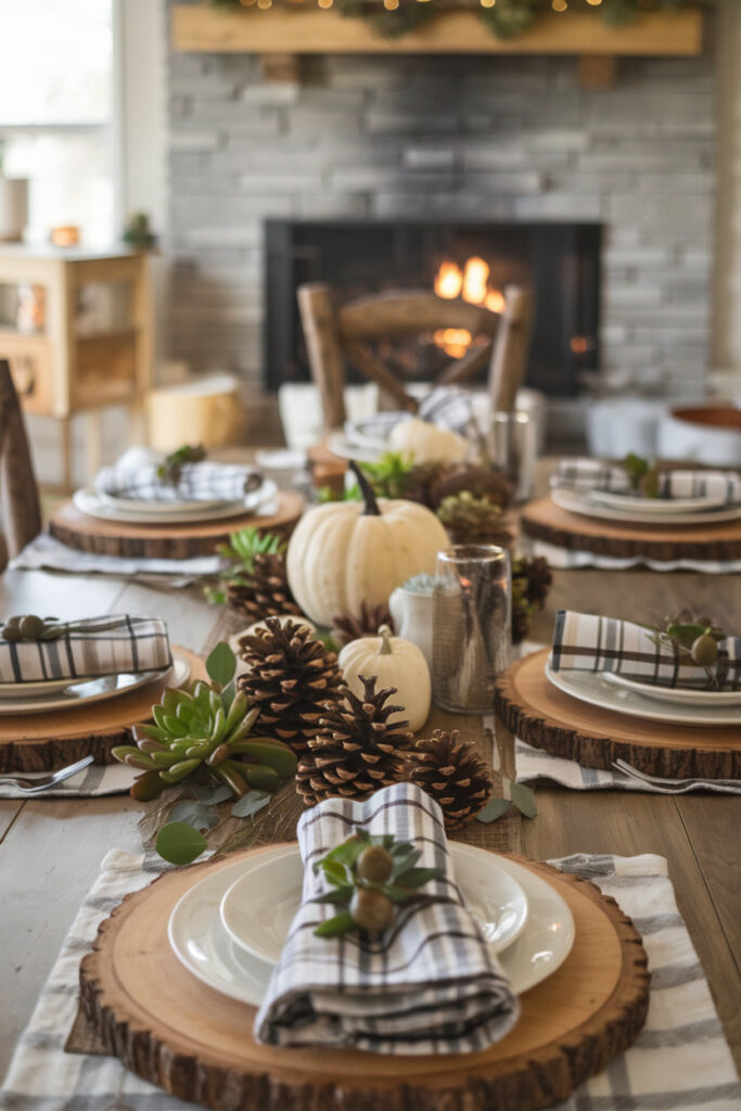 Festive Thanksgiving table setting adorned with colorful fall leaves and pumpkins.

