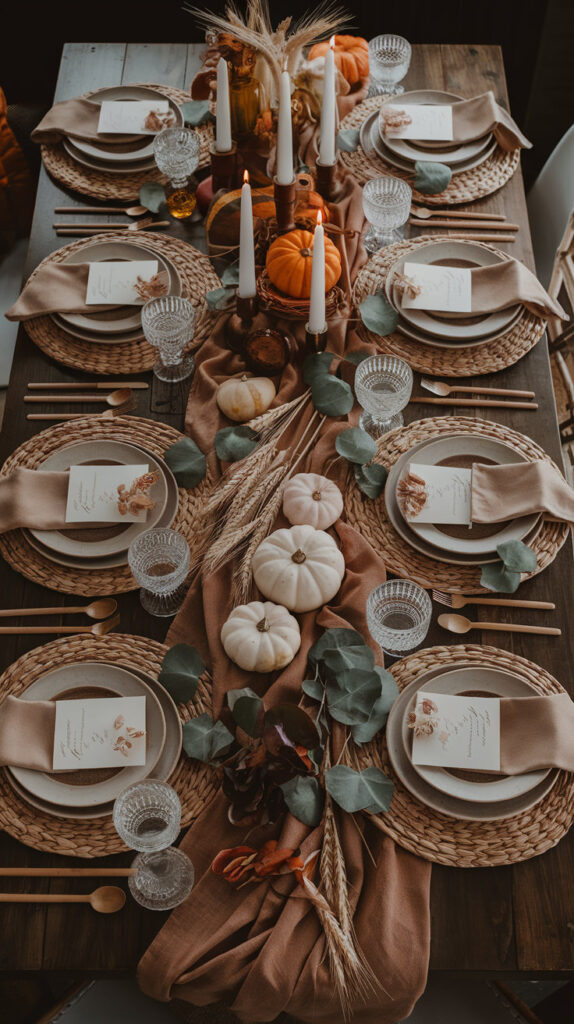 Modern Thanksgiving table setting using jewel tones and sleek flatware.

