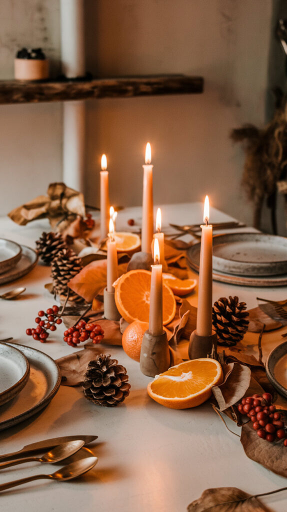Thanksgiving table setting with personalized place cards and cloth napkins.

