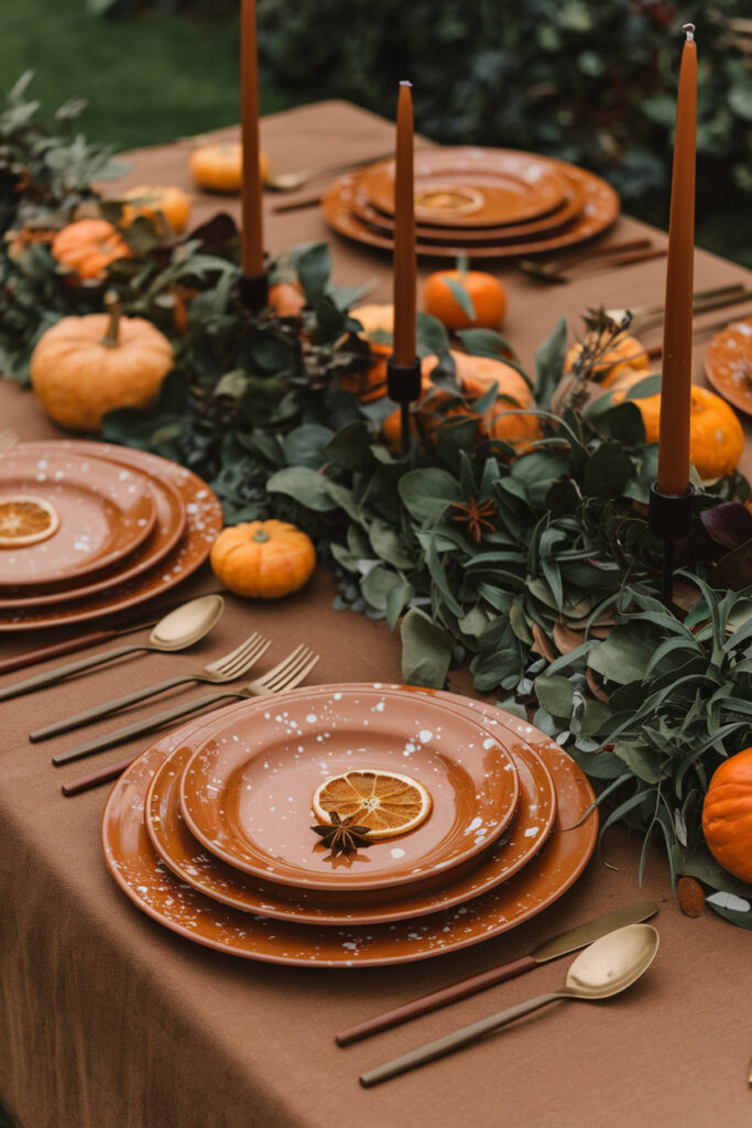 Thanksgiving table setting with a rustic wood table and a linen runner.

