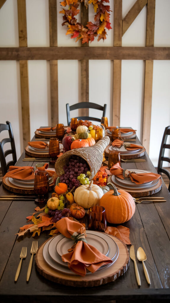 Thanksgiving table setting inspired by nature, with fall leaves and rustic elements.


