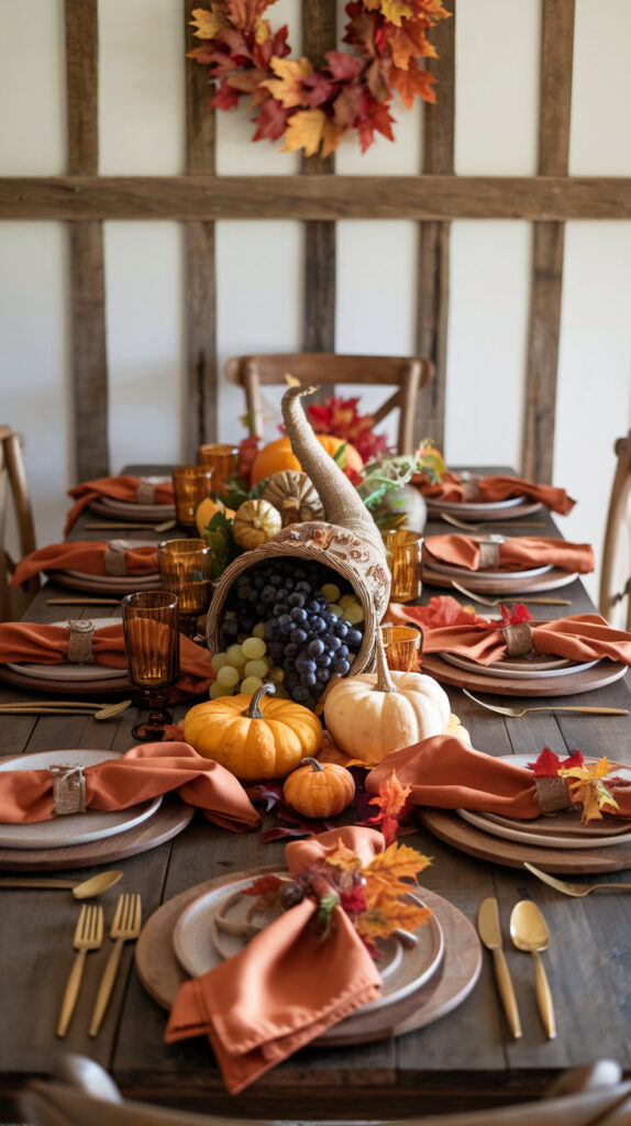 Rustic Thanksgiving table setting with a burlap runner and fall leaves.

