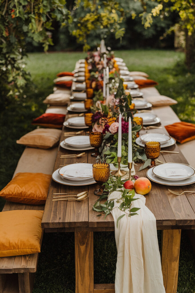 Kid-friendly Thanksgiving table setting with colorful placemats and crayons.


