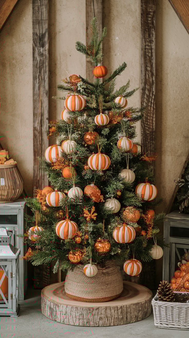 Christmas Tree Inspiration – A cozy living room scene with a Christmas tree adorned with warm fall leaves and rustic ornaments.